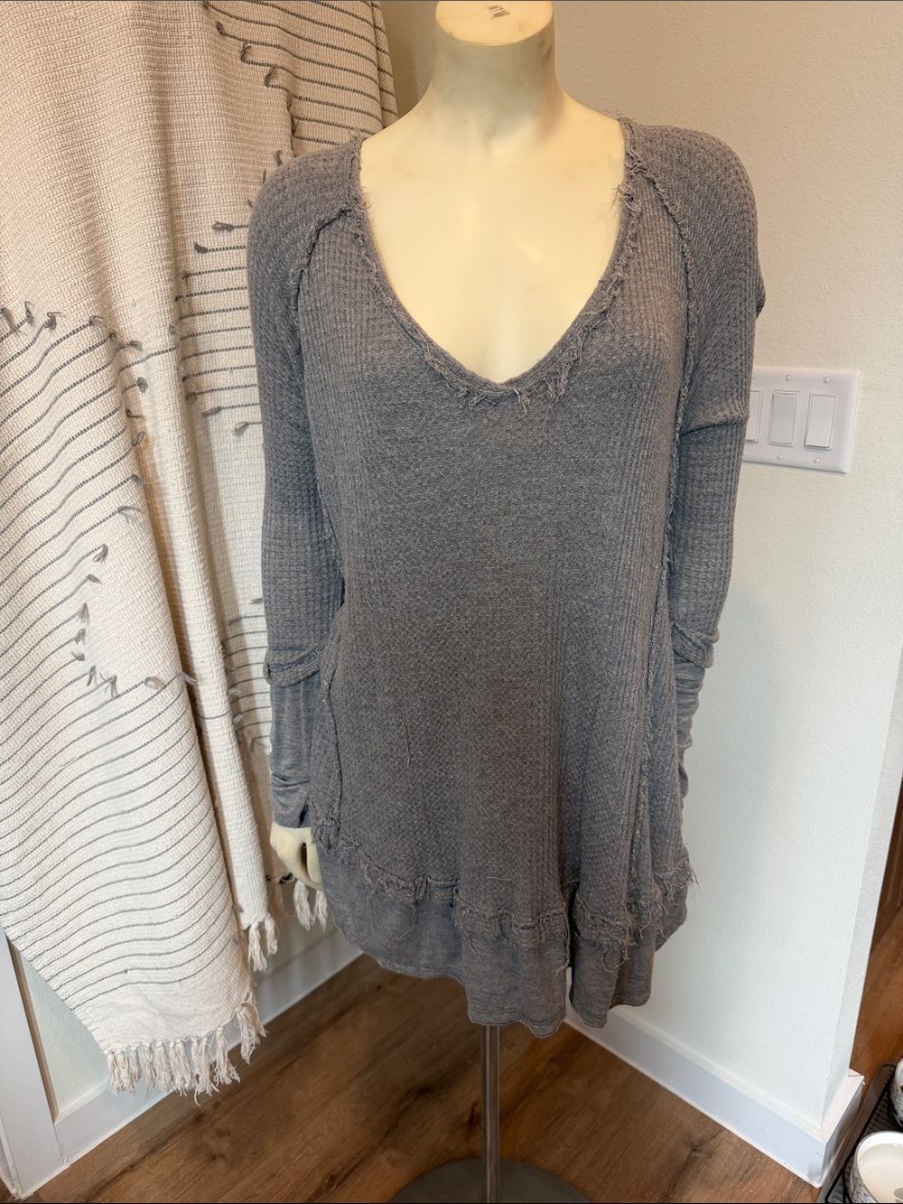 We The Free Washed Gray V-Neck Long Sleeve Women's Top